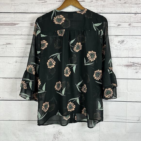 CAbi 5206 Blouse Women Medium Black Floral Ruffle Sheer Flowy La Di Da Shirt Top - Picture 5 of 11